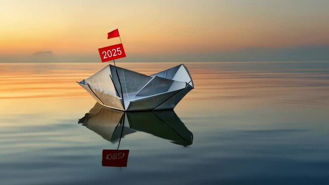 A paper boat with a flag of red and written 2025 floating on calm water at sunrise, symbolizing new beginnings for the New Year.