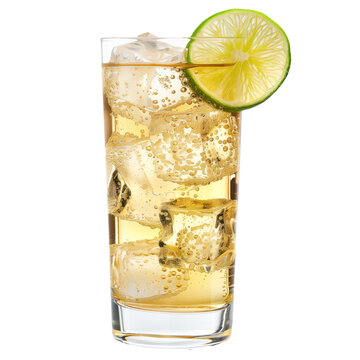 Ginger ale with ice cubes and lime at the rim isolated on white transparent background.