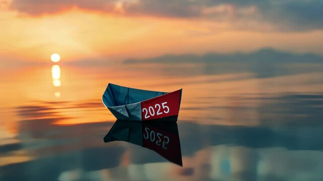 A paper boat with a flag of red and written 2025 floating on calm water at sunrise, symbolizing new beginnings for the New Year.