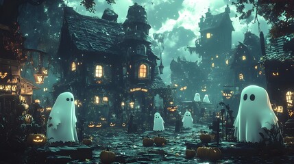 Spooky Halloween Village with Ghosts and Jack-o-Lanterns