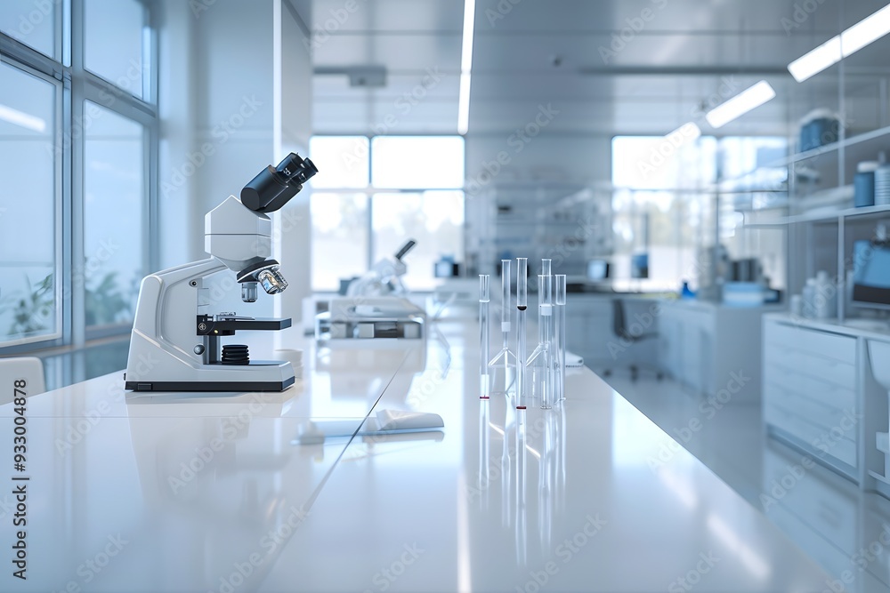 Poster a modern laboratory with microscope on the table