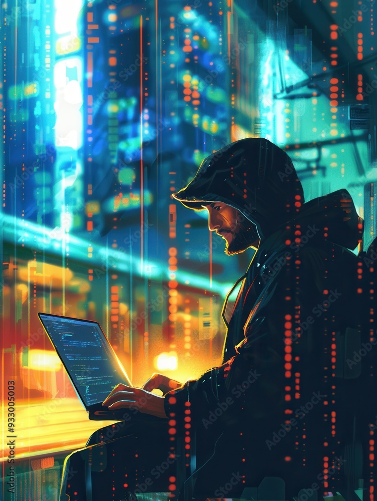 Fototapete a hacker types away at a laptop in a crowded metro station, illustrating the vulnerabilities of publ