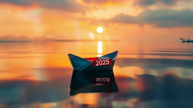 A paper boat with a flag of red and written 2025 floating on calm water at sunrise, symbolizing new beginnings for the New Year.
