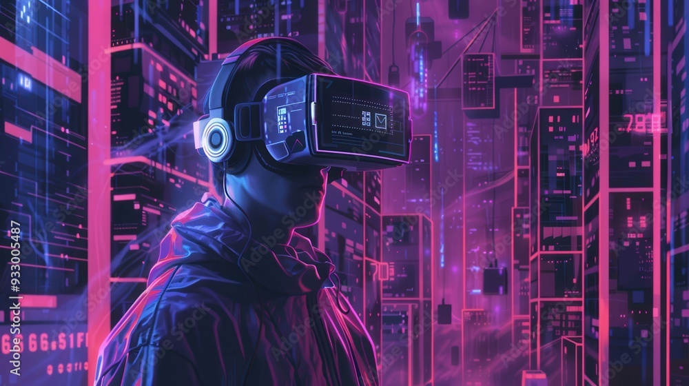 Poster a hacker explores a vibrant virtual world, interacting with digital locks and codes through a vr hea
