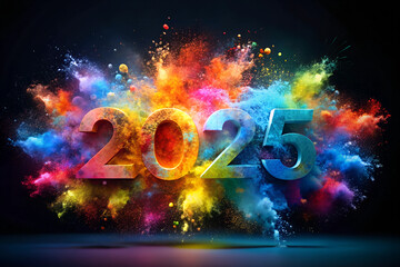 Vibrant 2025 Typography with Color Explosion Background. Dynamic 2025 Graphic Design with Spectrum Color Bursts