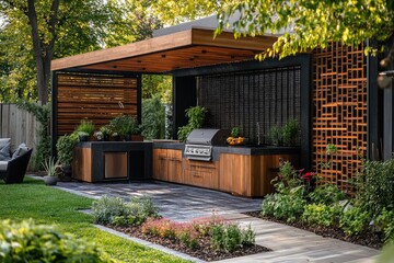 Modern outdoor kitchen featuring stainless steel grill and wooden cabinets in backyard setting