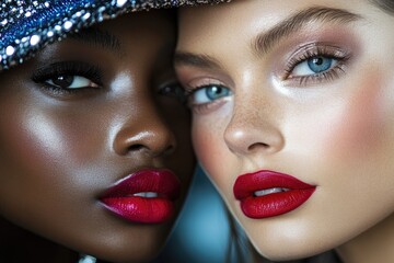 Two fashion models posing with perfect red lipstick makeup