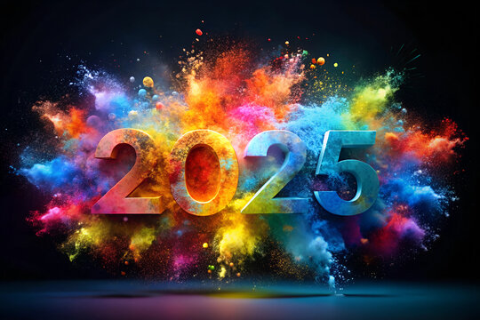 Vibrant 2025 Typography with Color Explosion Background. Dynamic 2025 Graphic Design with Spectrum Color Bursts