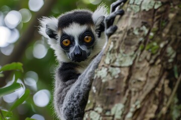 Naklejka premium Lemur on a tree. Animals and nature.