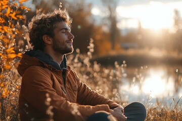 Young man meditating by the lake at sunset enjoying peace and quiet