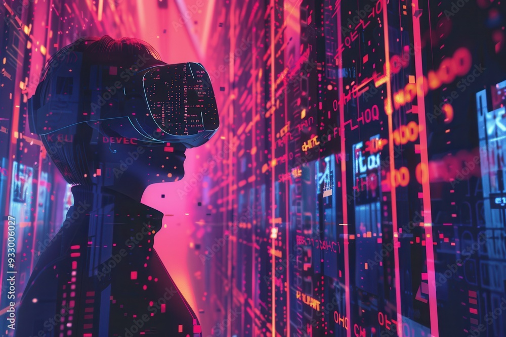 Poster a hacker navigates a vibrant virtual environment filled with digital locks and codes while wearing a