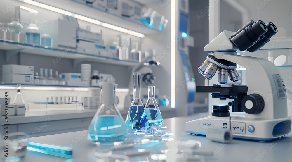 Poster a modern laboratory with microscope on the table