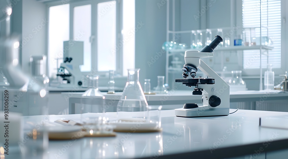 Poster a modern laboratory with microscope on the table