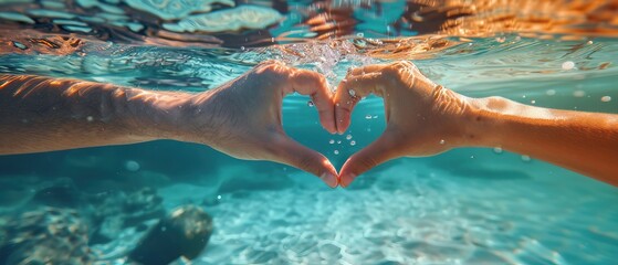 Hands shape heart sign at underwater swimming