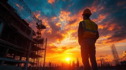 Fototapeta premium A construction worker observing a sunset at a building site.