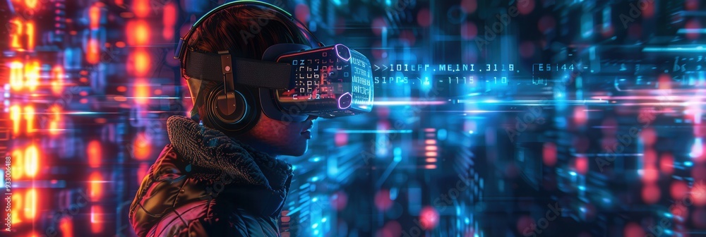 Aufkleber A hacker navigates a complex virtual landscape filled with digital locks and codes, fully immersed in a VR experience late at night. Generative AI