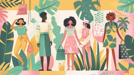 vector illustrated african american and asian women and men characters on first day of spring shopping for clothes shopping for plants, organic shapes, pastel pink green and yellow color scheme