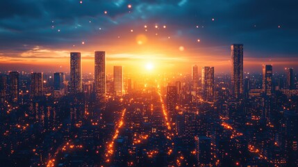 Fototapeta premium A vibrant city skyline at sunset, illuminated by city lights.