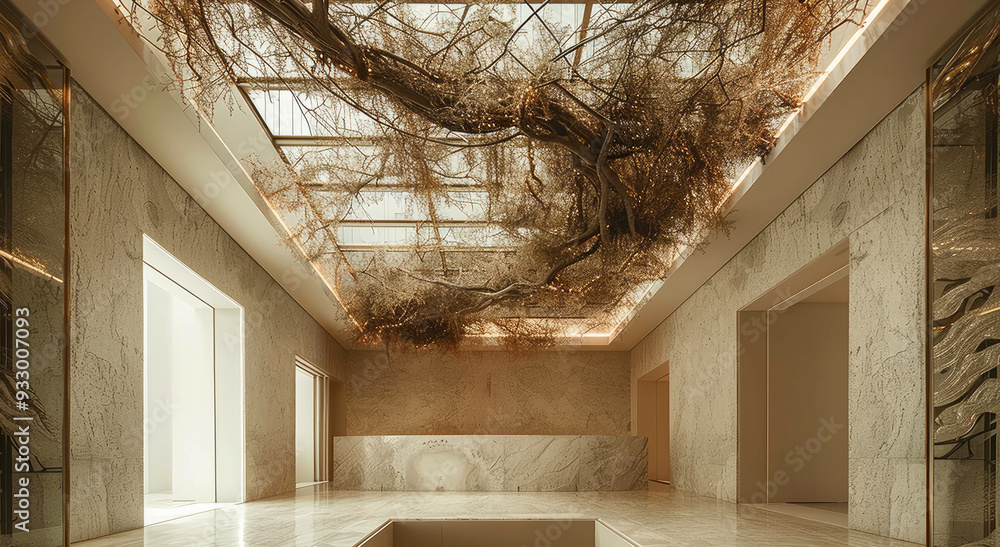 Aufkleber Ceiling with dried root vines and minimal creepers on top of a hotel lobby. Generative AI.
