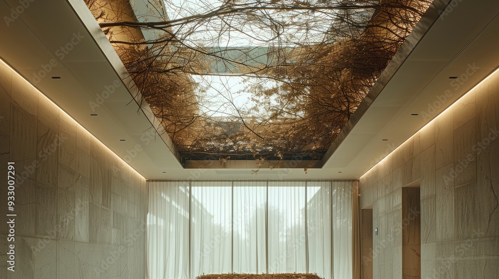 Poster ceiling with dried root vines and minimal creepers on top of a hotel lobby. generative ai.