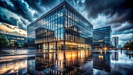 Obraz premium Glass office building modernist architecture urban landscape cityscape rainy day moody atmospheric dramatic high contrast monochromatic tones long exposure photography