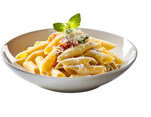 delicious penne pasta bowl isolated on white backgroun. Generative AI.