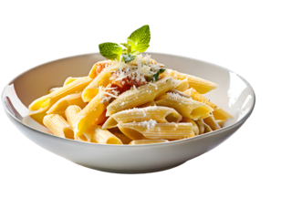 delicious penne pasta bowl isolated on white backgroun. Generative AI.