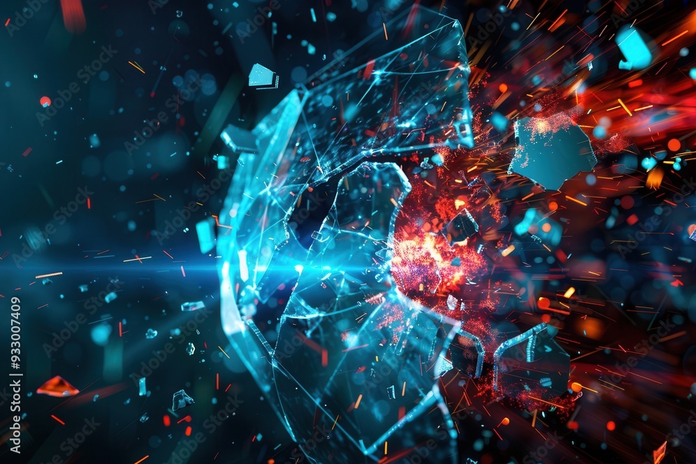 Aufkleber a hacker successfully penetrates a digital shield, causing fragments to scatter in a vibrant, chaoti
