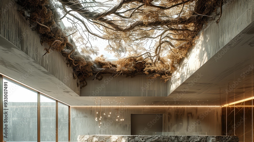 Aufkleber Ceiling with dried root vines and minimal creepers on top of a hotel lobby. Generative AI.