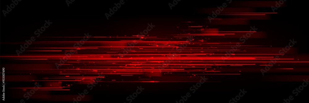 Poster red speed light horizontal straight line on black background. realistic vector illustration of abstr