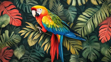 Vibrant parrot in tropical jungle, lush foliage, exotic and colorful, watercolor style, bold greens and reds