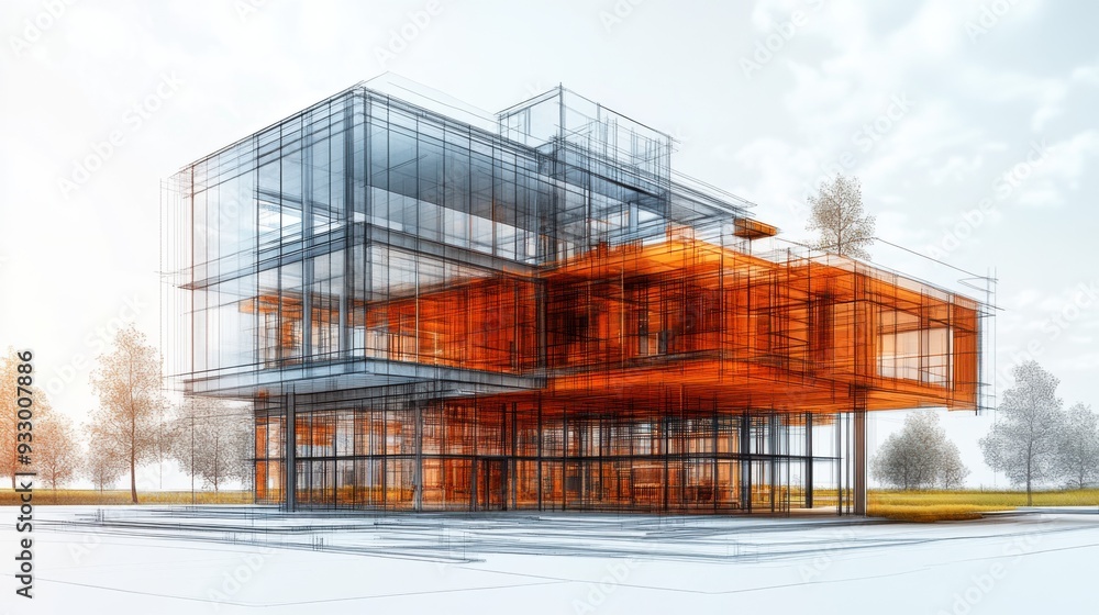 Poster modern architectural design featuring a transparent structure.