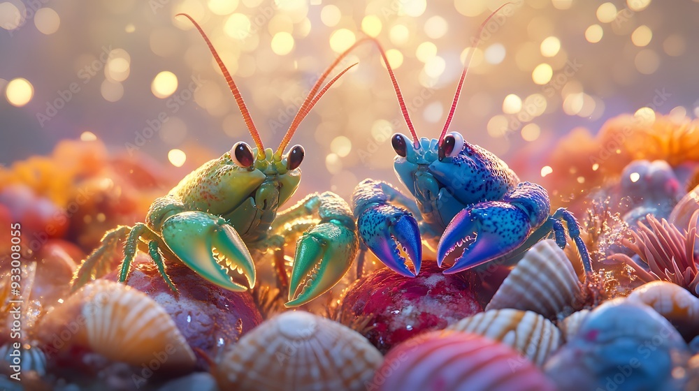 Poster two crabs on a beach with a bokeh background