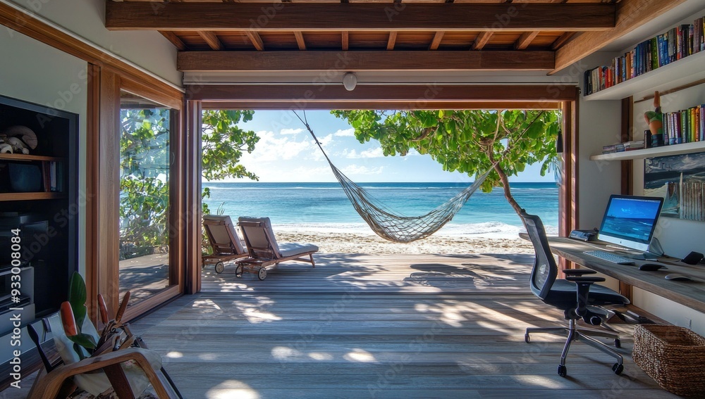 Poster beachfront office with a hammock and a computer.
