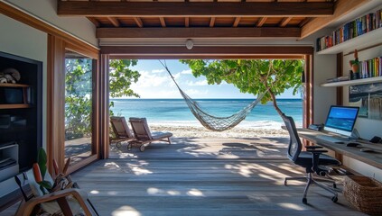 Fototapeta premium Beachfront office with a hammock and a computer.