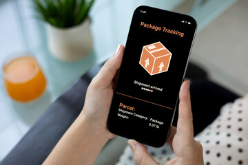woman hands holding phone with app tracking delivery package screen