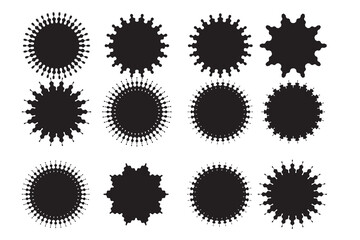 Sunburst sticker shapes. Rounded starburst zigzag badge, spiky oval, circle and star shaped price tag, discount and sale label stickers.