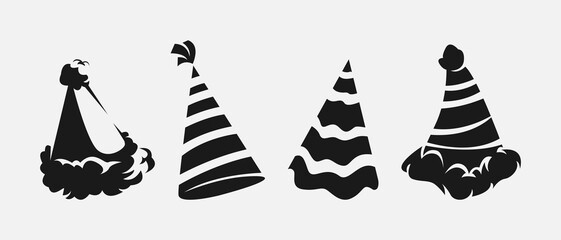 Set silhouettes of party, birthday hat. Icon, logo on white background. Vector illustration.
