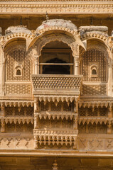 Jaisalmer Fort, Intricate stonework, Details of beautiful heritage building, carving windows or zarokas made up of yellow limestone, UNESCO world heritage site, Jaisalmer, Rajasthan, India, Asia.