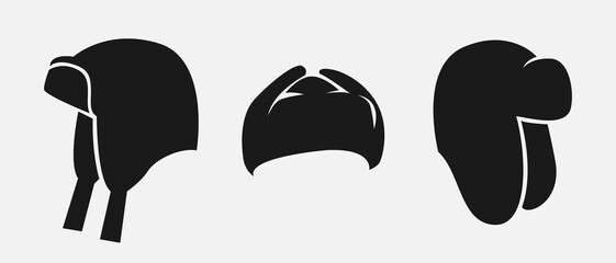 Set silhouettes of winter hat, trapper earflaps, ushanka. Icon, logo on white background. Colored vector illustration.