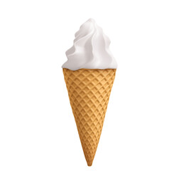White vanilla soft ice cream swirl in waffle cone. Realistic 3d vector illustration of cold sweet summer milk dessert in poke cup with wafer texture. Frozen liquid twisted sugar creamy sundae snack.