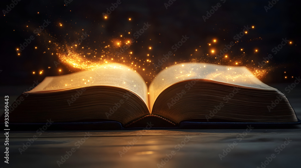 Poster a mesmerizing open book displays fluttering pages while a warm, glowing light bursts forth, creating