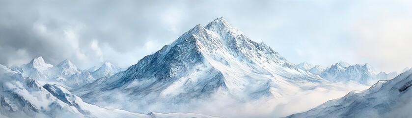 Snowy mountain peak, crisp winter air, rugged terrain, peaceful solitude, watercolor style, icy blue and white palette
