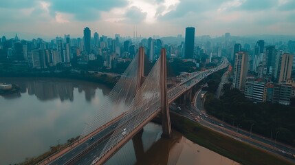 Obraz premium A drone image of a famous bridge in São Paulo, an iconic landmark of the city.
