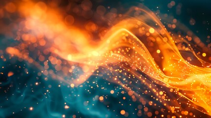 A vibrant abstract composition of swirling orange and blue waves, interspersed with sparkling particles that create a dynamic and energetic atmosphere, evoking a sense of movement and fluidity.

