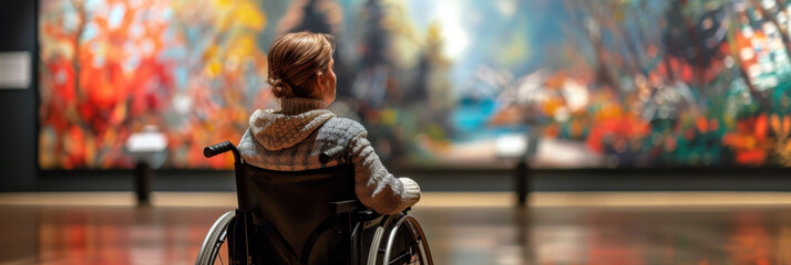 Woman in a wheelchair visiting the museum. Back view. Disability person in art gallery. Stop discrimination against persons with disabilities. Accessibility concept. World Disability day
