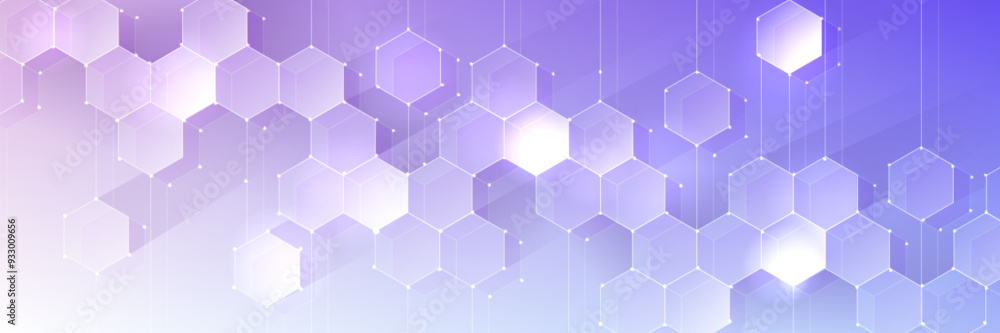 Poster purple pastel medical and tech background with hexagon pattern and bright sparkles. realistic vector