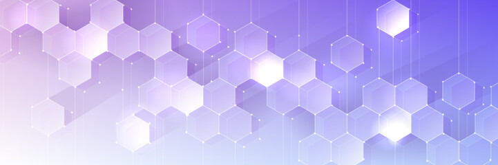 Obraz premium Purple pastel medical and tech background with hexagon pattern and bright sparkles. Realistic vector abstract bg with honeycomb geometric cell texture for medicine and science technology design.