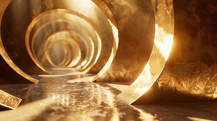 A mesmerizing tunnel of golden light and reflections, where circular shapes create a sense of depth and movement. The warm glow and intricate textures invite viewers into a captivating journey.
