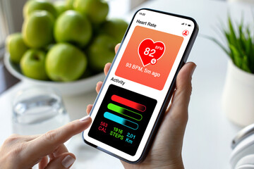 woman hand hold phone with app heart and activity screen